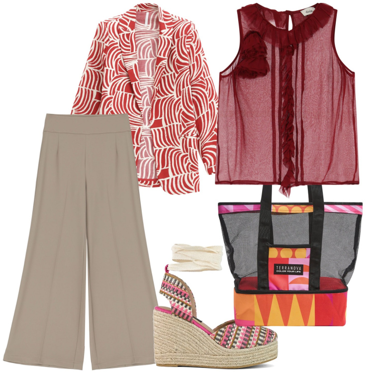Outfit donna - Il blazer per l ufficio estivo. Stile Trendy per Ufficio. Abbinamento con borse tote, pantaloni a palazzo, blazer, top, zeppe.
