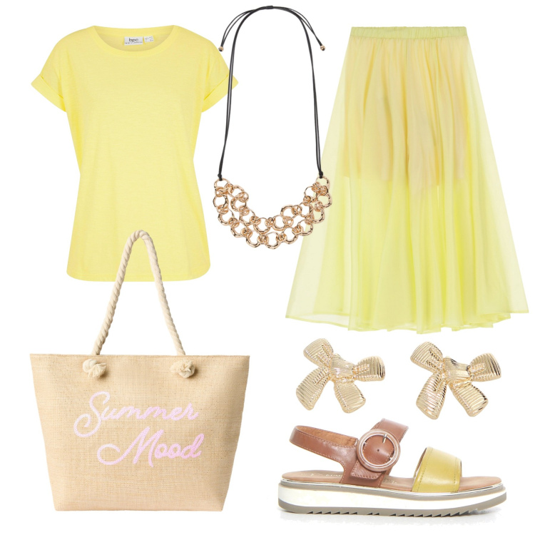 Outfit donna - Un outfit semplice e vitaminico. Stile Trendy per Tutti i giorni. Abbinamento con t-shirt, borse tote, pantaloni, orecchini, collane, sandali.
