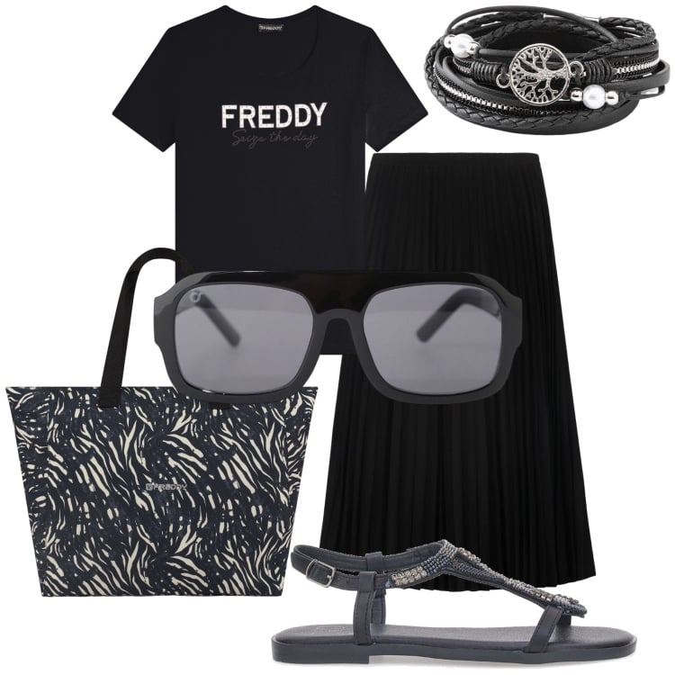 Outfit donna - Colazione al bar del sabato. Stile Basic per Tutti i giorni. Abbinamento con braccialetti, occhiali da sole, t-shirt, shopping bag, gonne longuette, sandali gioiello.