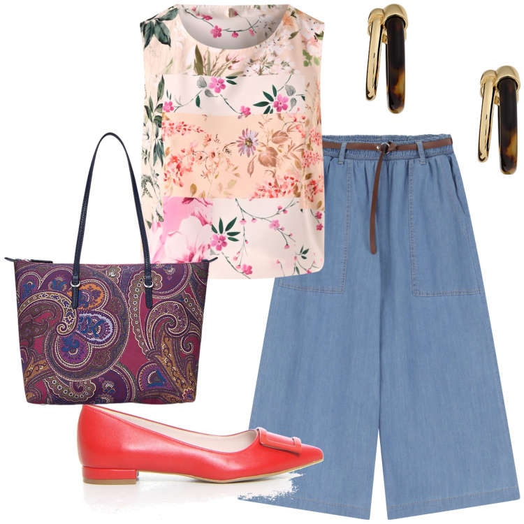 Outfit donna - Fiori e cachemire. Stile Urban per Tutti i giorni. Abbinamento con top, jeans, borse tote, orecchini, ballerine.
