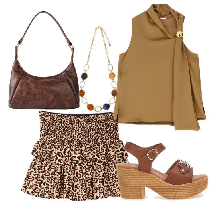 Outfit donna - L\'aperitivo al tramonto. Stile Trendy per Serata fuori. Abbinamento con borse a mano, minigonne, top, sandali col tacco, collane.
