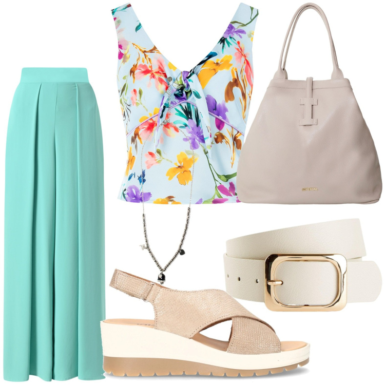Outfit donna - Sempre energica. per Ufficio. Abbinamento con cinture, top, pantaloni, borse tote, ciondoli, sandali col tacco.