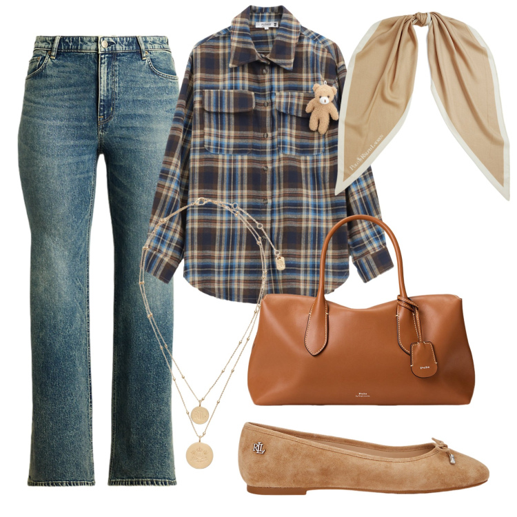Outfit donna - Una giornata fresca. Stile Casual per Tutti i giorni. Abbinamento con camicie, ciondoli, ballerine, borse a mano, jeans, foulard.
