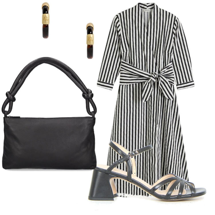 Outfit donna - Raffinata sobrietà. Stile Bon Ton per Ufficio. Abbinamento con vestiti midi/longuette, orecchini, borse a spalla, sandali col tacco.