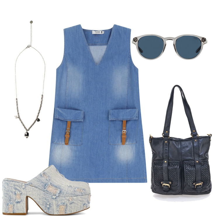 Outfit donna - Zeppe e jeans. Stile Trendy per Tutti i giorni. Abbinamento con vestiti corti, ciondoli, occhiali da sole, sabot, borse a spalla.