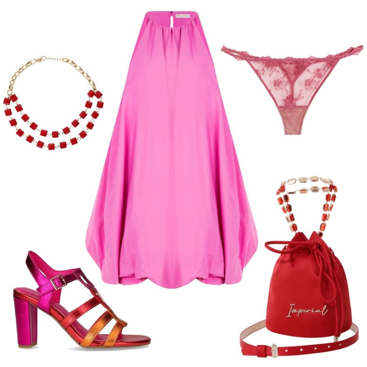 Outfit donna - Colori del tramonto. Stile Glamour per Serata fuori. Abbinamento con perizomi, vestiti corti, borse a secchiello, collane, sandali col tacco.