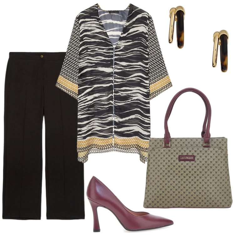 Outfit donna - La blusa animalier. Stile Casual per Tutti i giorni. Abbinamento con orecchini, caftani, décolleté, pantaloni, borse a spalla.