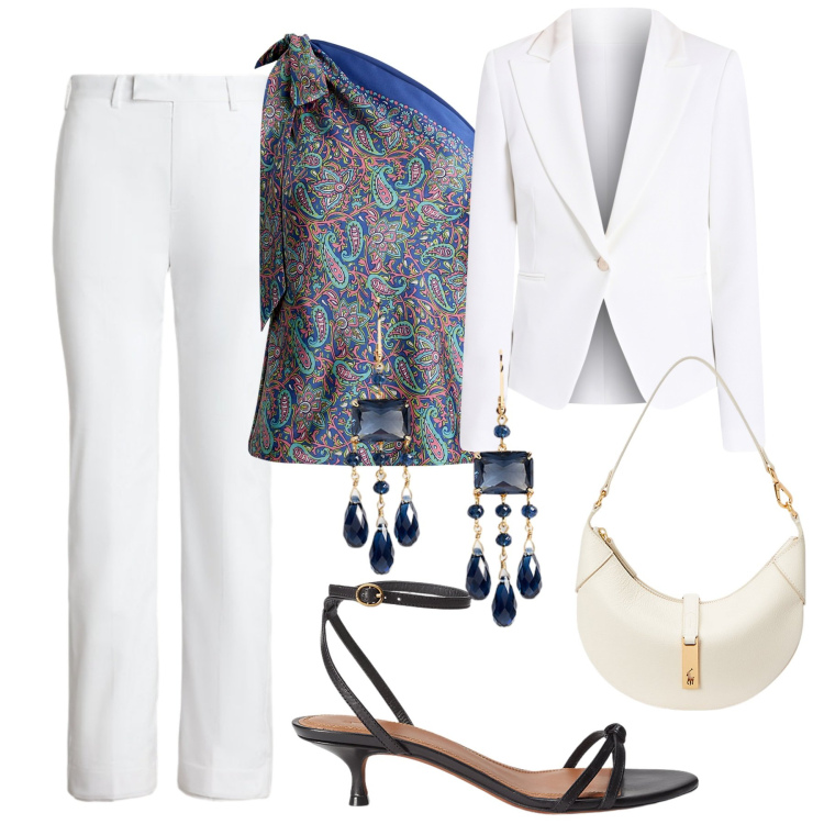 Outfit donna - Tailoring sotto il sole. Stile Bon Ton per Cerimonia. Abbinamento con blazer, top, borse a spalla, pantaloni, sandali in pelle, orecchini.