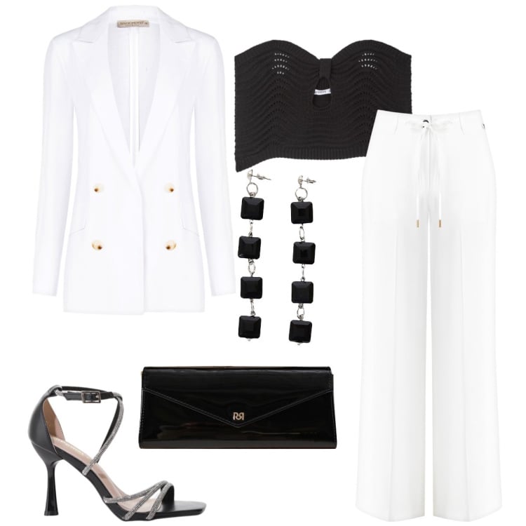 Outfit donna - Total look #2223864. Stile Chic per Serata fuori. Abbinamento con top, pochette, pantaloni, blazer, sandali col tacco, orecchini.