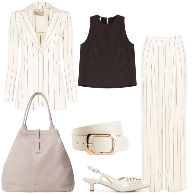Outfit donna - Total look #2223866. Stile Chic per Ufficio. Abbinamento con cinture, pantaloni, blazer, top, borse tote, décolleté.