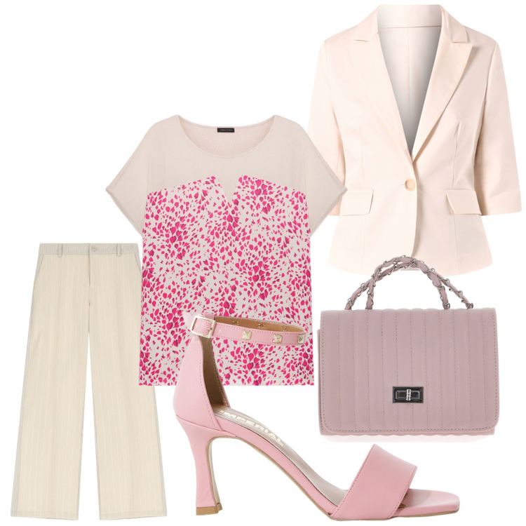 Outfit donna - Sandalo rosa. Stile Casual chic per Tutti i giorni. Abbinamento con blazer, pantaloni, sandali col tacco, bluse, borse a tracolla.
