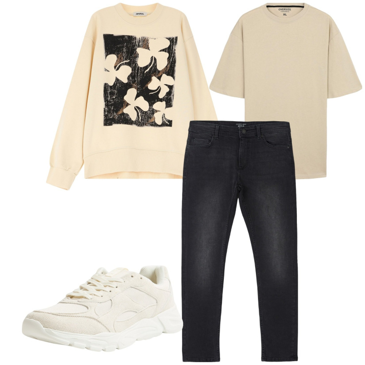 Outfit uomo - Total look #2223884. Stile Casual per Tutti i giorni. Abbinamento con sneakers, jeans skinny, t-shirt, felpe.