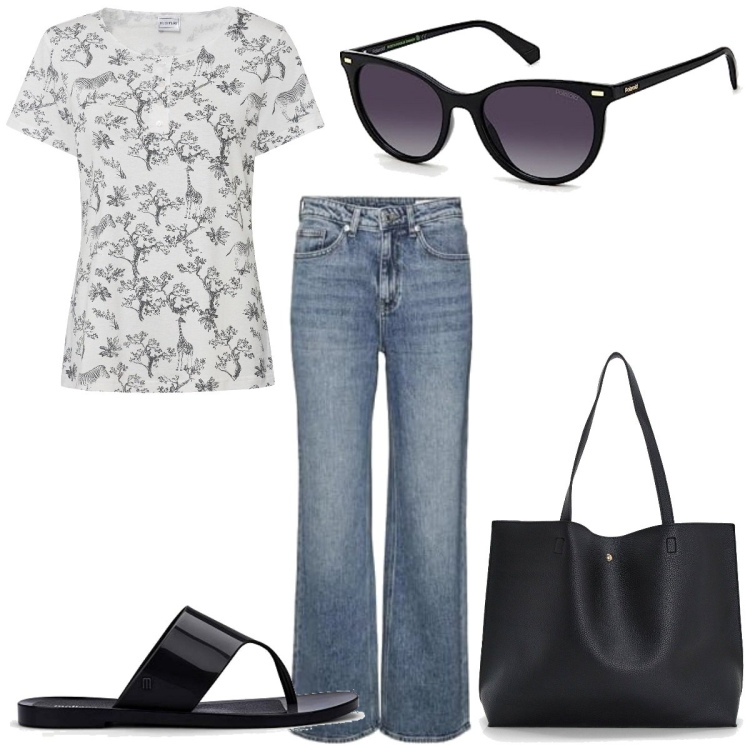 Outfit femme - Casual. Style Casual pour Tous les jours. Assortir avec t-shirts, sandales, jeans, sacs tote, lunettes de soleil.