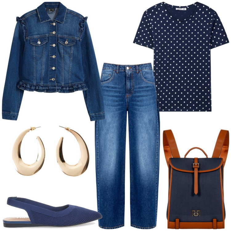 Outfit donna - Total look #2223890. Stile Casual chic per Ufficio. Abbinamento con orecchini, blazer, t-shirt, jeans, zaini, ballerine.