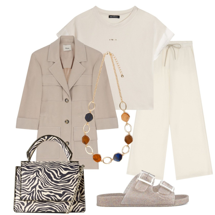 Outfit donna - Tailoring color sabbia. Stile Trendy per Tutti i giorni. Abbinamento con borse a tracolla, blazer, pantaloni a palazzo, t-shirt, collane, sandali.