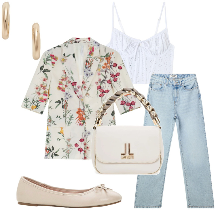 Outfit donna - Total look #2223896. Stile Casual chic per Tutti i giorni. Abbinamento con ballerine, top, jeans dritti, blazer, orecchini, borse a tracolla.