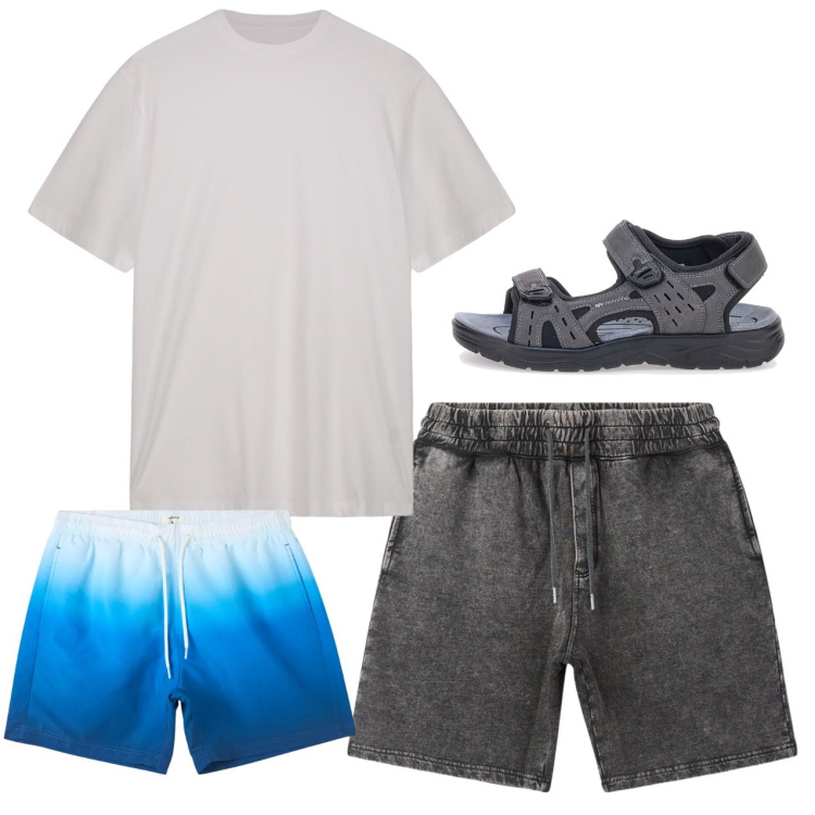 Outfit uomo - Tenuta da mare. Stile Casual per Mare. Abbinamento con costumi, pantaloni corti, sandali, t-shirt.