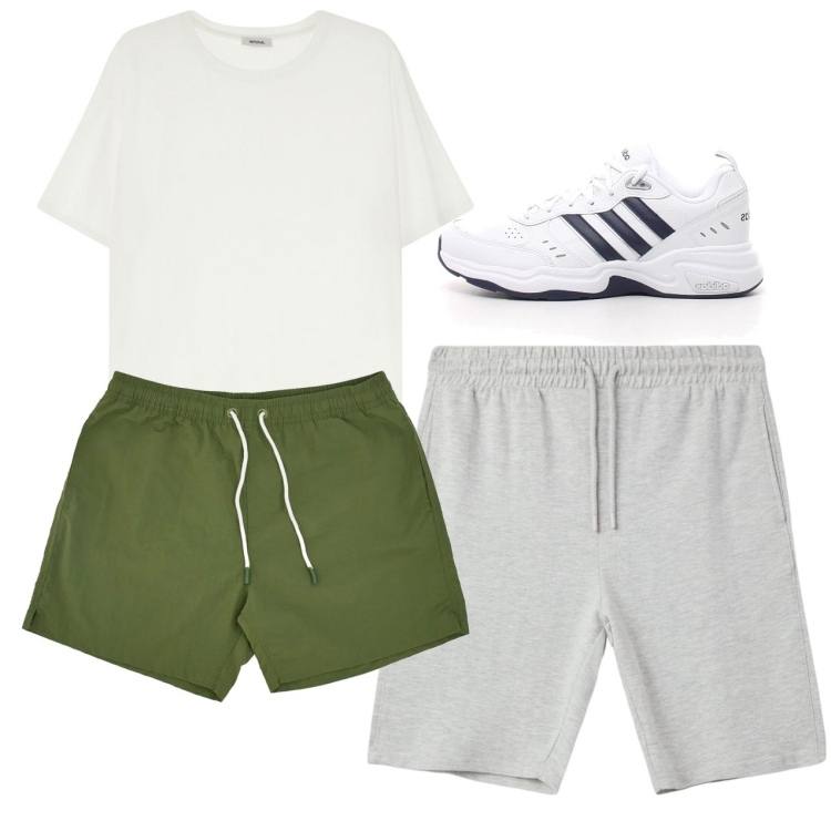 Outfit uomo - Passeggiata e nuotata. Stile Casual per Sport. Abbinamento con bermuda, t-shirt, costumi, sneakers.