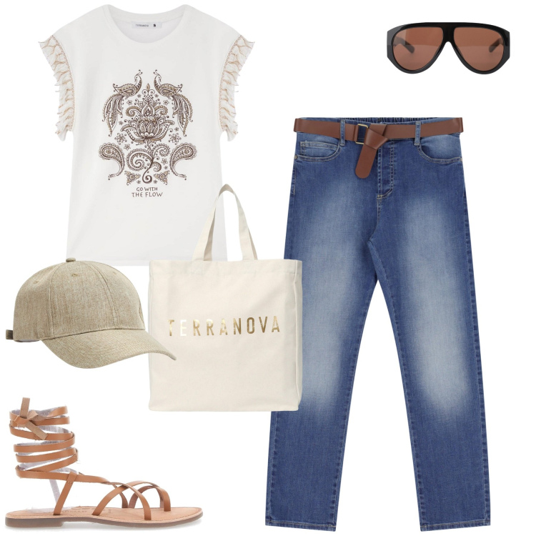 Outfit donna - In jeans. Stile Casual per Tutti i giorni. Abbinamento con t-shirt, borse tote, cappelli, jeans dritti, occhiali da sole, sandali alla schiava.