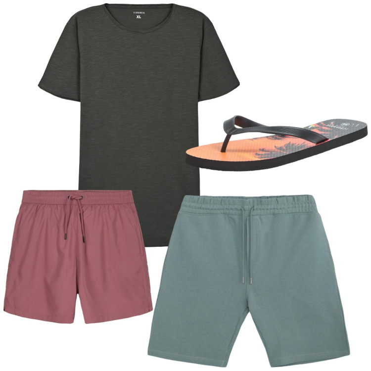 Outfit uomo - Verso il mare. Stile Casual per Mare. Abbinamento con sandali, pantaloni corti, t-shirt, costumi.