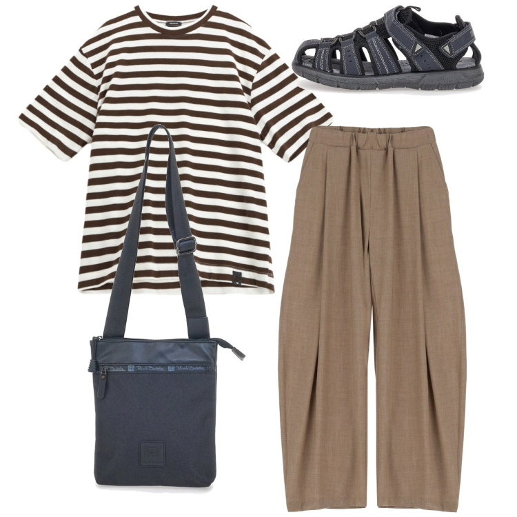 Outfit uomo - Comodo per un tour. Stile Casual per Tutti i giorni. Abbinamento con pantaloni, t-shirt, portafogli, sandali.