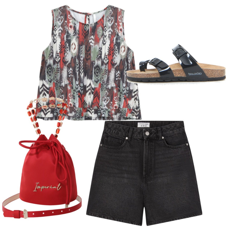 Outfit donna - Dark. Stile Urban per Tutti i giorni. Abbinamento con bermuda, borse a secchiello, top, ciabatte.
