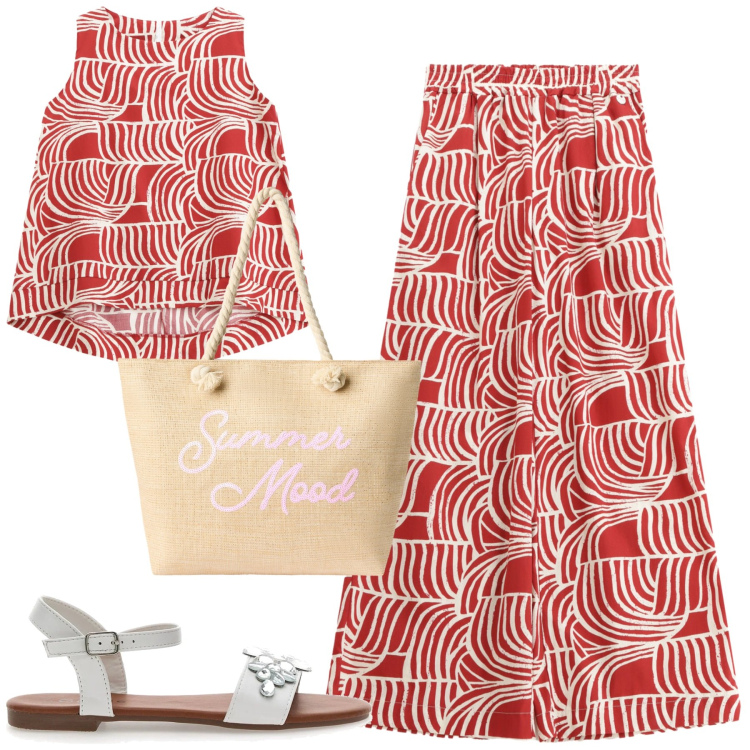 Outfit donna - Imperial. Stile Trendy per Tutti i giorni. Abbinamento con borse tote, pantaloni, top, sandali gioiello.