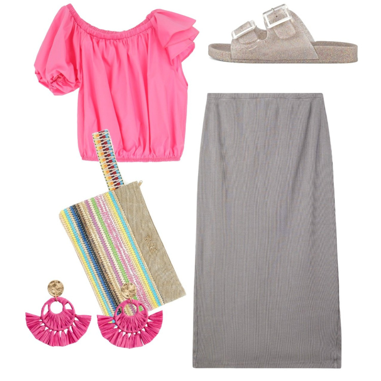 Outfit donna - Rosa acceso. Stile Bon Ton per Tutti i giorni. Abbinamento con orecchini, gonne longuette, top, sandali, pochette.