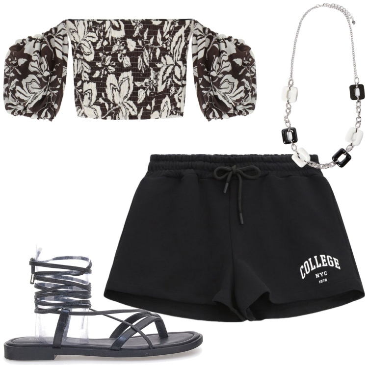 Outfit donna - Total look #2223934. Stile Casual per Tutti i giorni. Abbinamento con shorts, bluse, sandali alla schiava, collane.