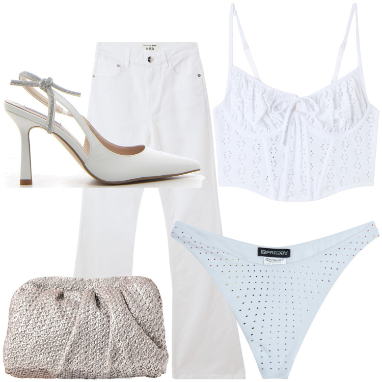 Outfit donna - Il mio chiaro aperitivo sul mare. Stile Glamour per Mare. Abbinamento con top, jeans a zampa, clutch, bikini, décolleté.