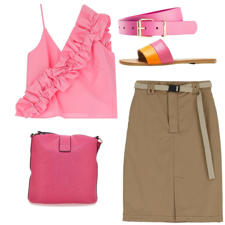 Outfit donna - Rouche e flat. Stile Bon Ton per Tutti i giorni. Abbinamento con cinture, ciabatte, gonne, top, borse a spalla.