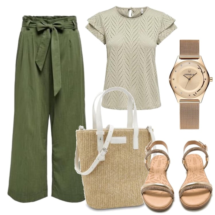 Outfit femme - Élodie. Style Basique pour Tous les jours. Assortir avec hauts, pantalon , sandales à talon, montres analogiques, sacs à main.