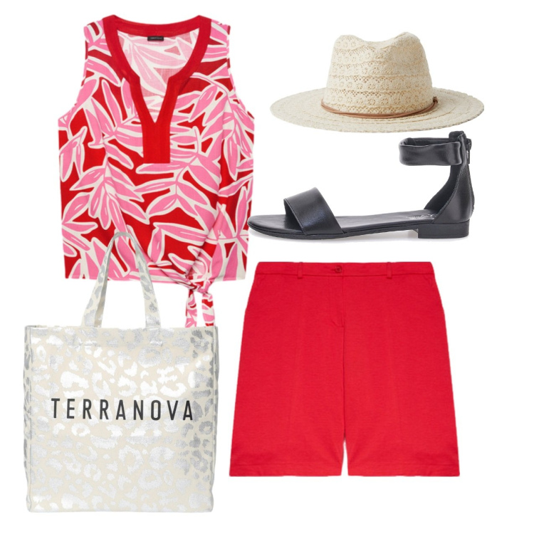 Outfit donna - In città. Stile Bon Ton per Tutti i giorni. Abbinamento con cappelli, borse tote, top, pantaloni corti, sandali.