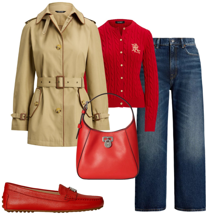 Outfit donna - Ralph Lauren. Stile Casual chic per Tutti i giorni. Abbinamento con borse a tracolla, cardigans, jeans, mocassini, trench.