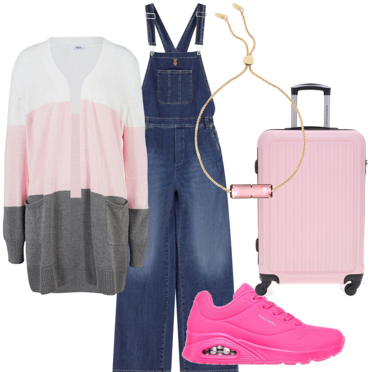 Outfit donna - La comodità della tuta jeans. Stile Casual chic per Tutti i giorni. Abbinamento con cardigans, salopette, braccialetti, sneakers, valigie.