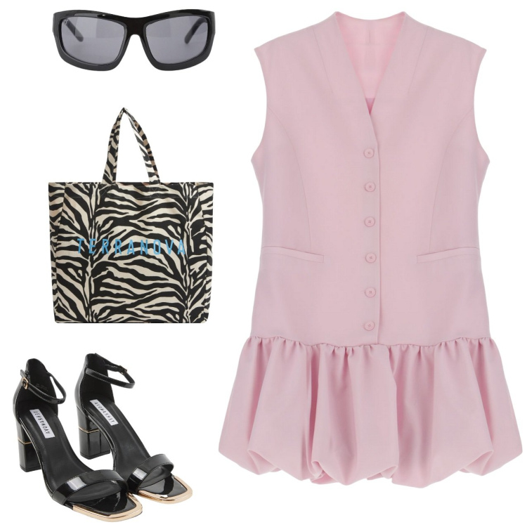 Outfit donna - Ufficio in rosa. Stile Bon Ton per Ufficio. Abbinamento con borse tote, sabot, vestiti corti, occhiali da sole.