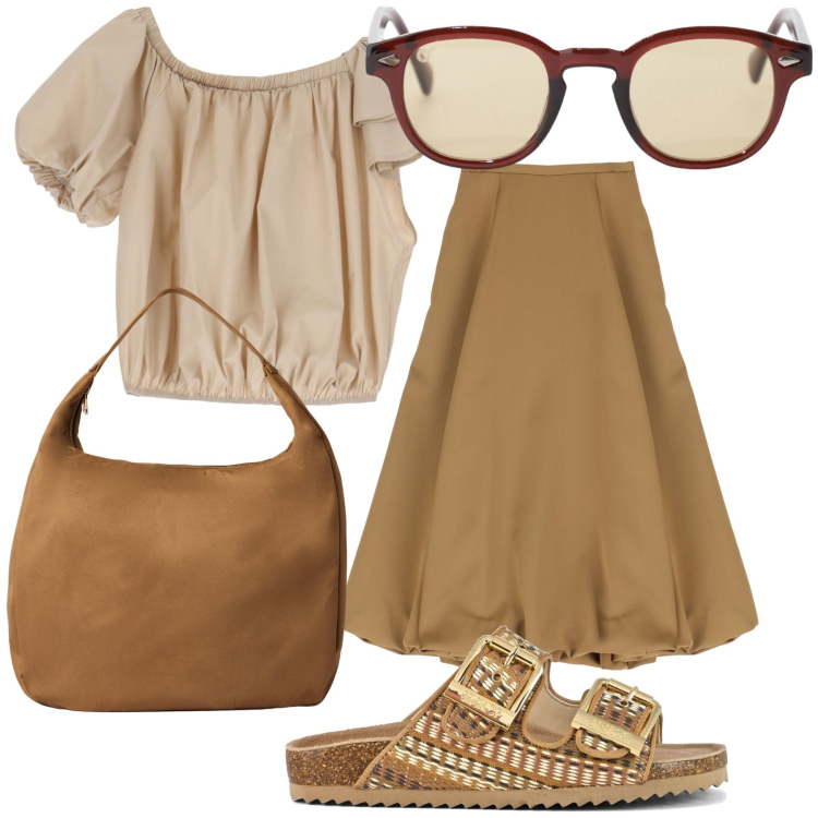 Outfit donna - Vezzosa seppur in toni neutri. Stile Trendy per Tutti i giorni. Abbinamento con borse a mano, top, gonne longuette, occhiali da sole, sandali.