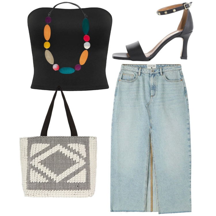 Outfit donna - Indizio colorato. Stile Casual chic per Serata fuori. Abbinamento con gonne longuette, top, sandali col tacco, collane, shopping bag.