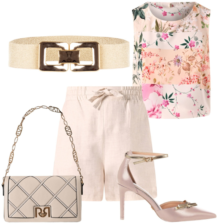 Outfit donna - Rinascimento. Stile Chic per Tutti i giorni. Abbinamento con décolleté, cinture, borse a tracolla, top, shorts.