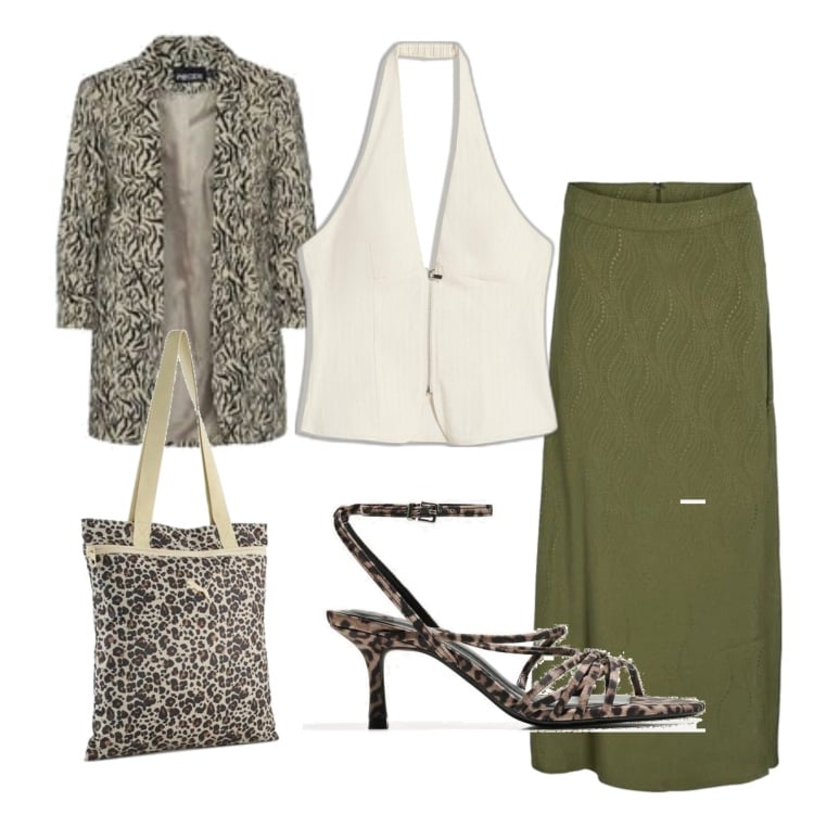 Outfit mujer - Trendy #6802. Estilo Trendy para Oficina. Combinación con blazers, falda longuette, sandalias de tacón, bolso tote, top.