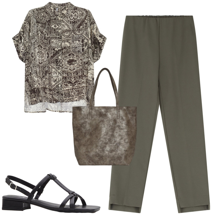 Outfit donna - Total look #2223959. Stile Urban per Tutti i giorni. Abbinamento con sandali col tacco, borse tote, pantaloni, camicie a manica corta.