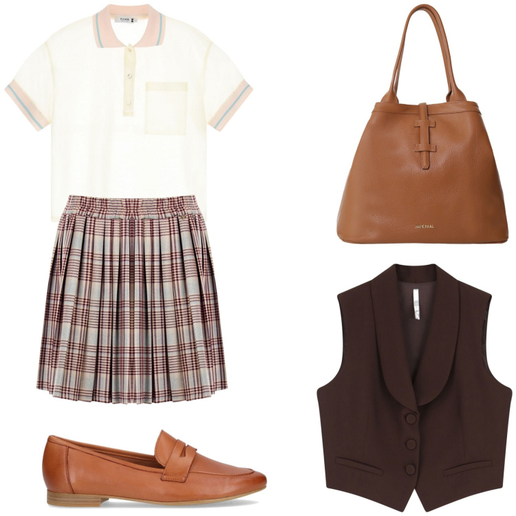 Outfit donna - Benvenuti in Inghilterra. Stile Preppy per Scuola/Università. Abbinamento con minigonne, polo, borse tote, gilet, mocassini.