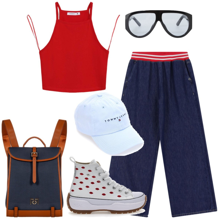 Outfit donna - In giro per la città. Stile Sporty chic per Tutti i giorni. Abbinamento con top, zaini, jeans, occhiali da sole, sneakers, cappelli.