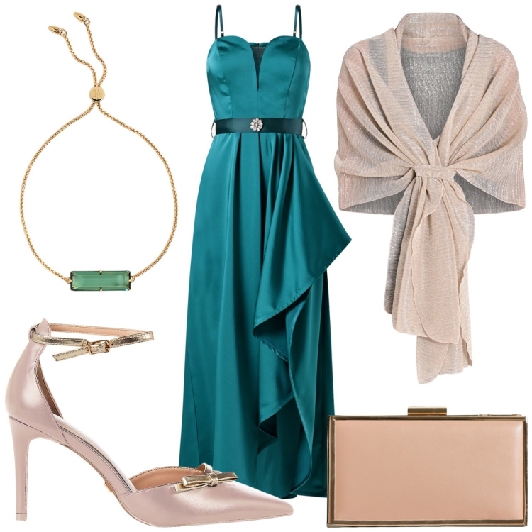 Outfit donna - Verde e... Stile Chic per Cerimonia. Abbinamento con décolleté, pochette, vestiti lunghi, stole, braccialetti.