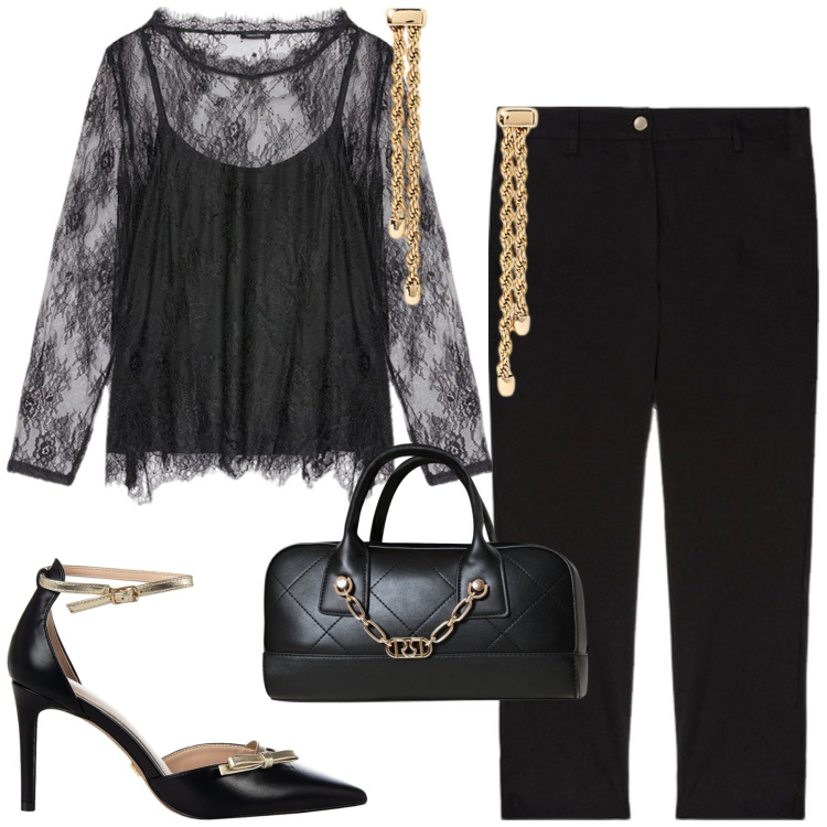 Outfit donna - Serata. Stile Chic per Serata fuori. Abbinamento con décolleté, borse a mano, orecchini, t-shirt, pantaloni chino.