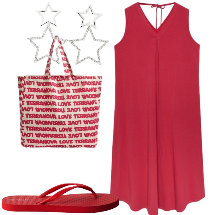 Outfit donna - Al mare. Stile Basic per Mare. Abbinamento con infradito, orecchini, borse tote, vestiti midi/longuette.