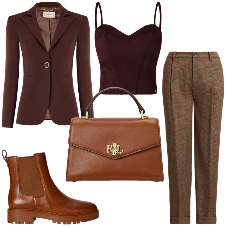 Outfit donna - Country inglese. Stile Sporty chic per Tutti i giorni. Abbinamento con blazer, top, pantaloni, borse a mano, stivaletti chelsea.