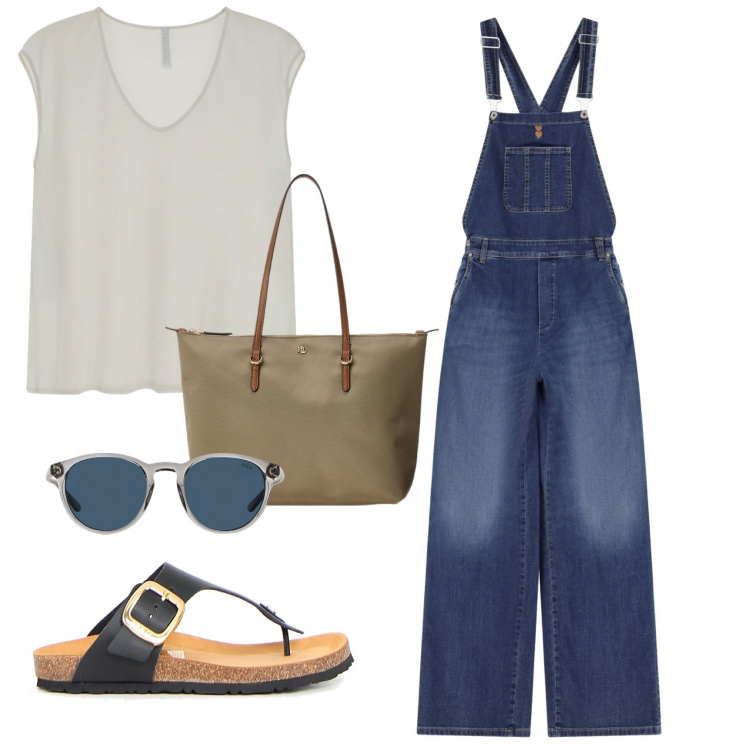 Outfit donna - Salopette. Stile Casual per Tutti i giorni. Abbinamento con salopette, top, occhiali da sole, borse tote, infradito.