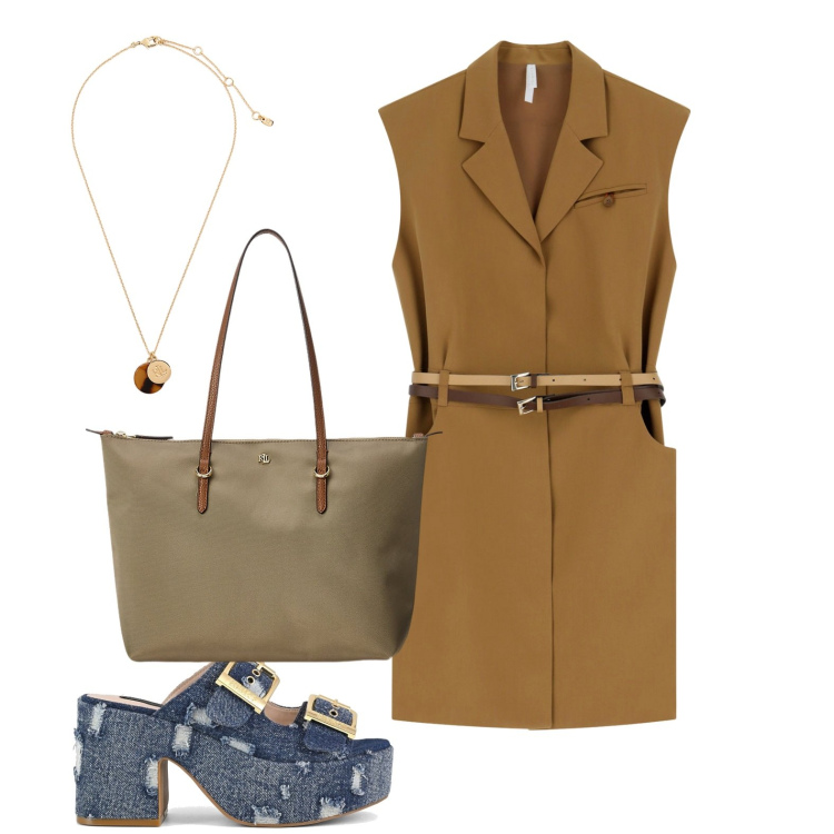 Outfit donna - Laura. Stile Casual per Ufficio. Abbinamento con vestiti corti, borse tote, collane, sandali.