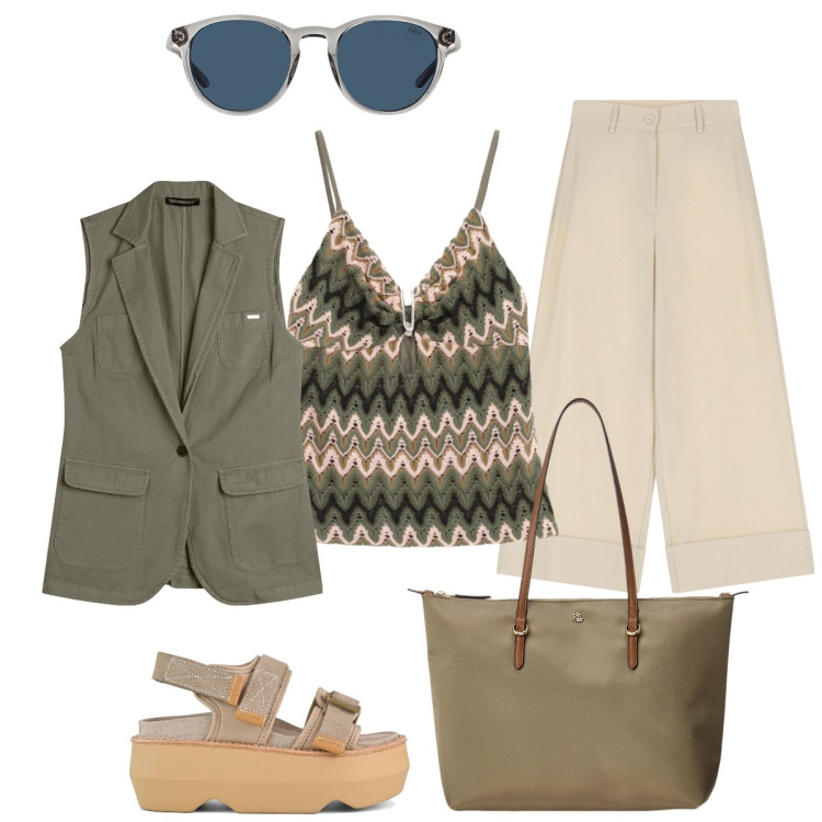 Outfit donna - Sotto il sole d’agosto. Stile Minimal per Tutti i giorni. Abbinamento con gilet, top, pantaloni a palazzo, occhiali da sole, borse tote, sandali col tacco.